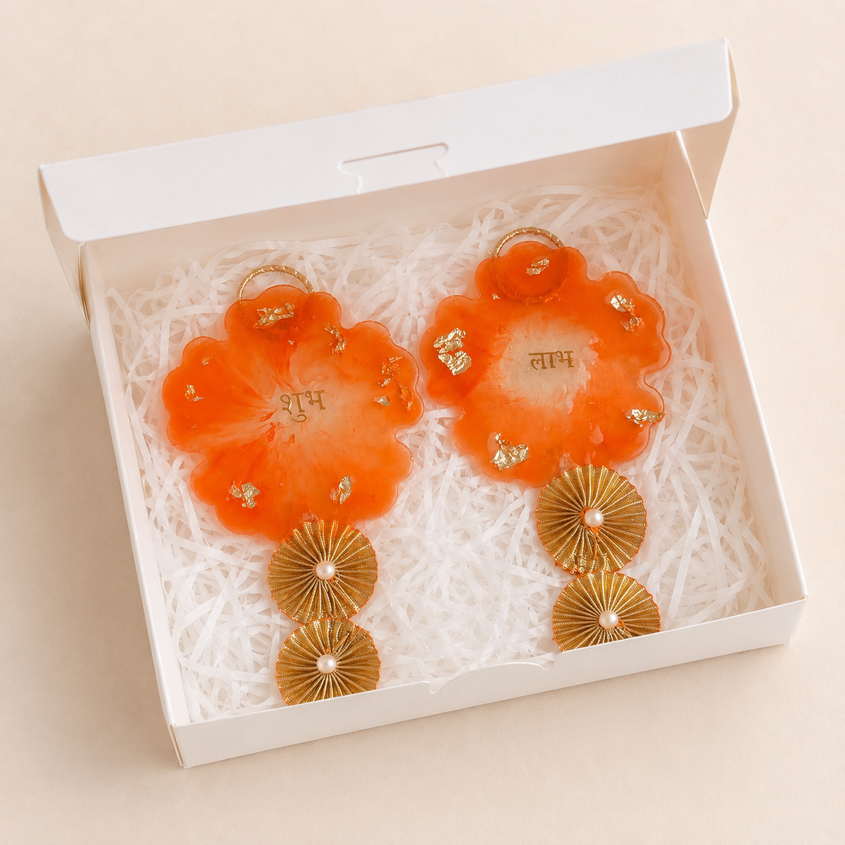Shubh Labh Handcrafted Resin & Gota Patti Hanging Set – Orange & Gold