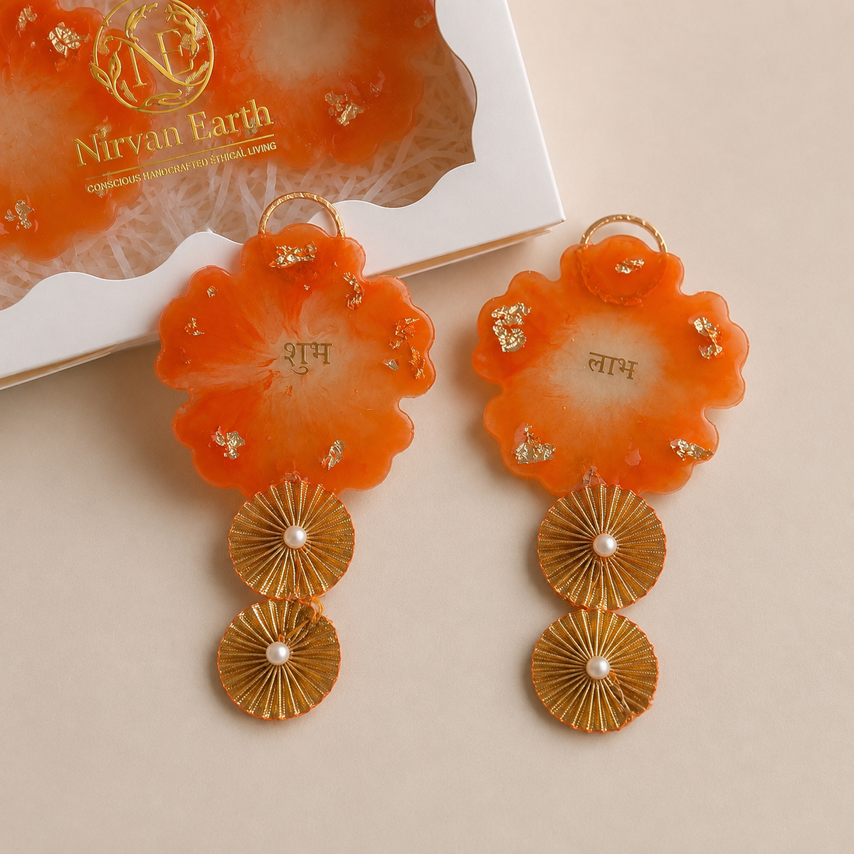 Shubh Labh Handcrafted Resin & Gota Patti Hanging Set – Orange & Gold