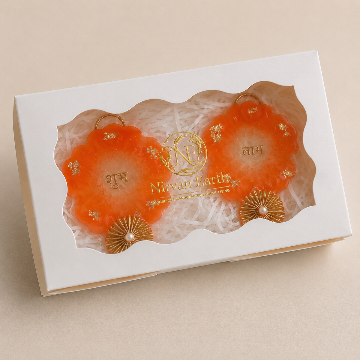Shubh Labh Handcrafted Resin & Gota Patti Hanging Set – Orange & Gold