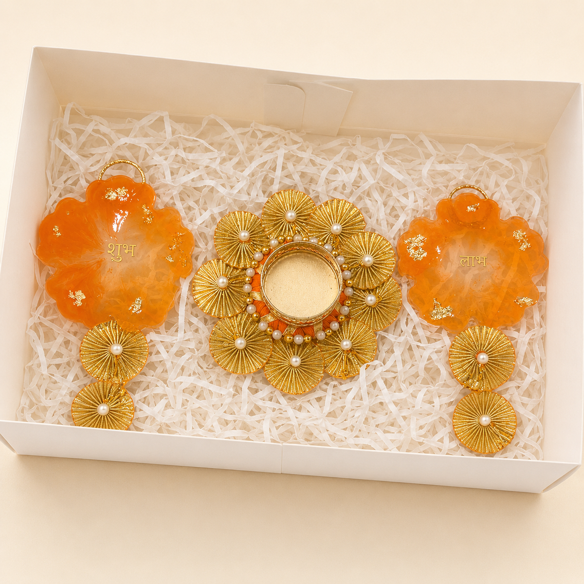 Shubh Aarambh resin Shubh Labh and tealight holder gift set