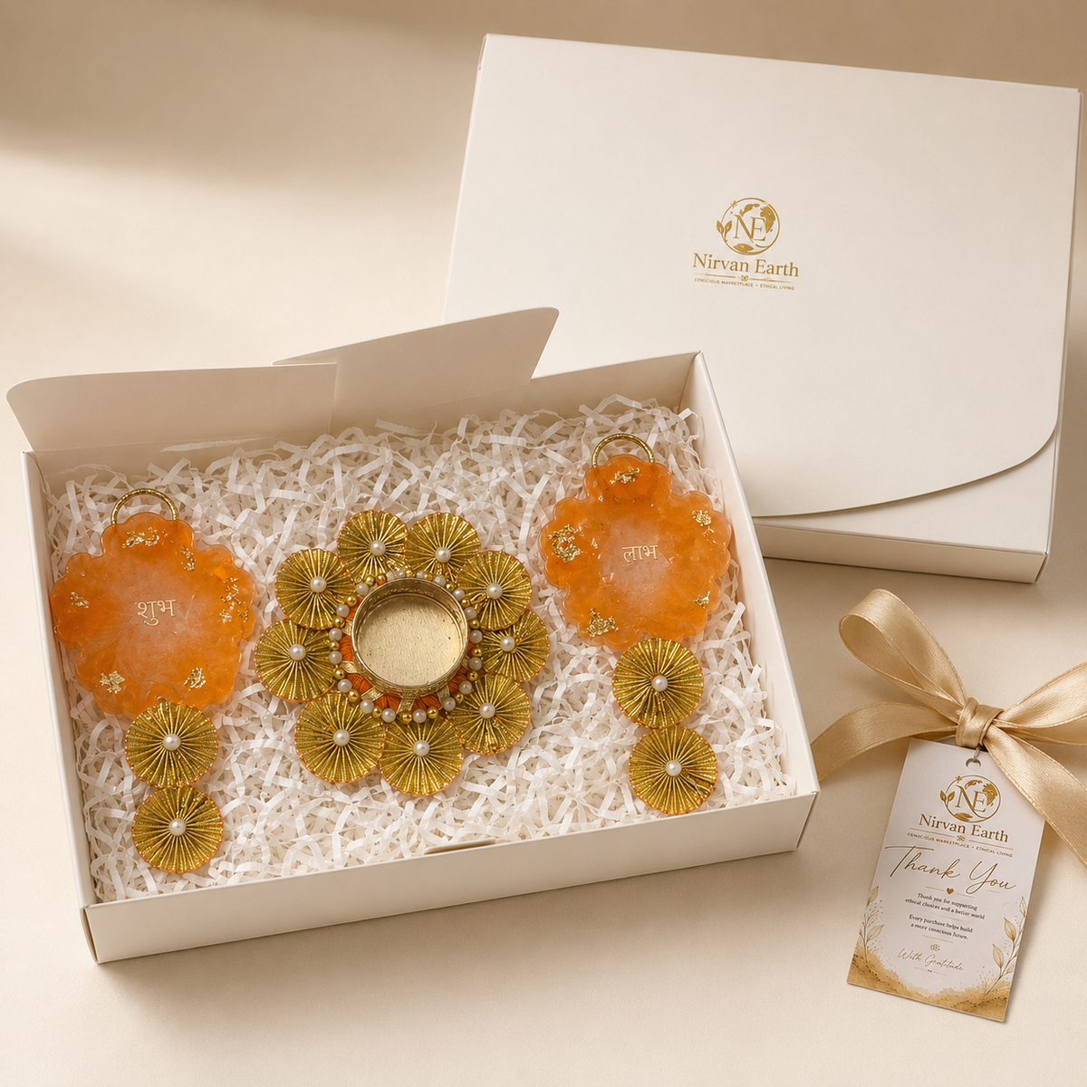 Handcrafted Shubh Labh festive décor arranged in an open gift box