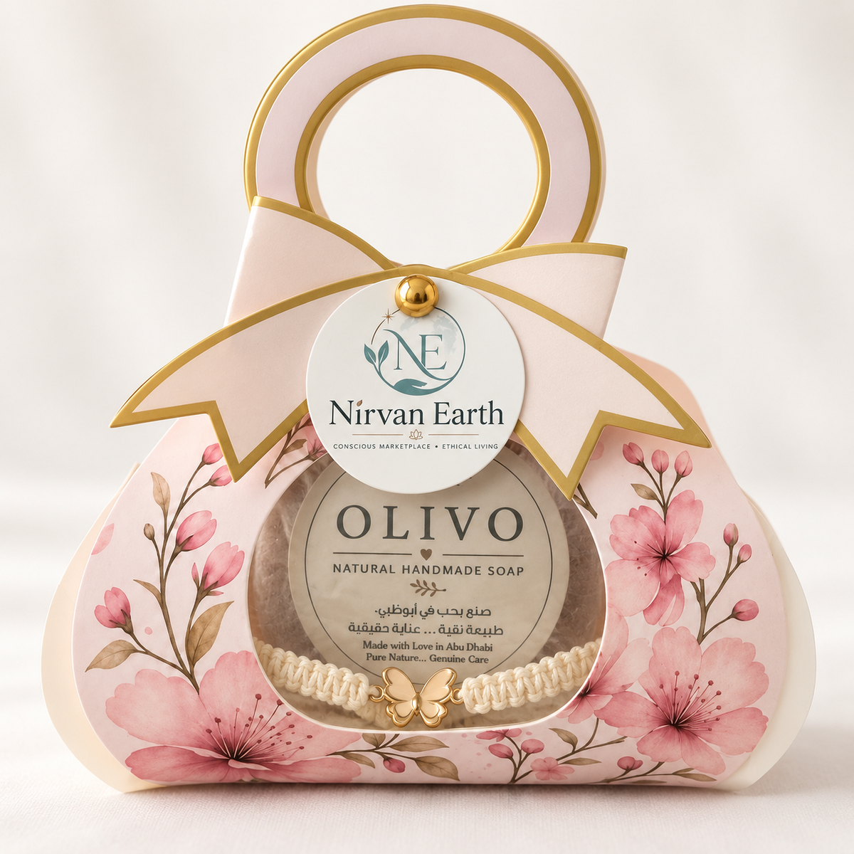Floral handbag gift packaging with Olivo soap and butterfly bracelet