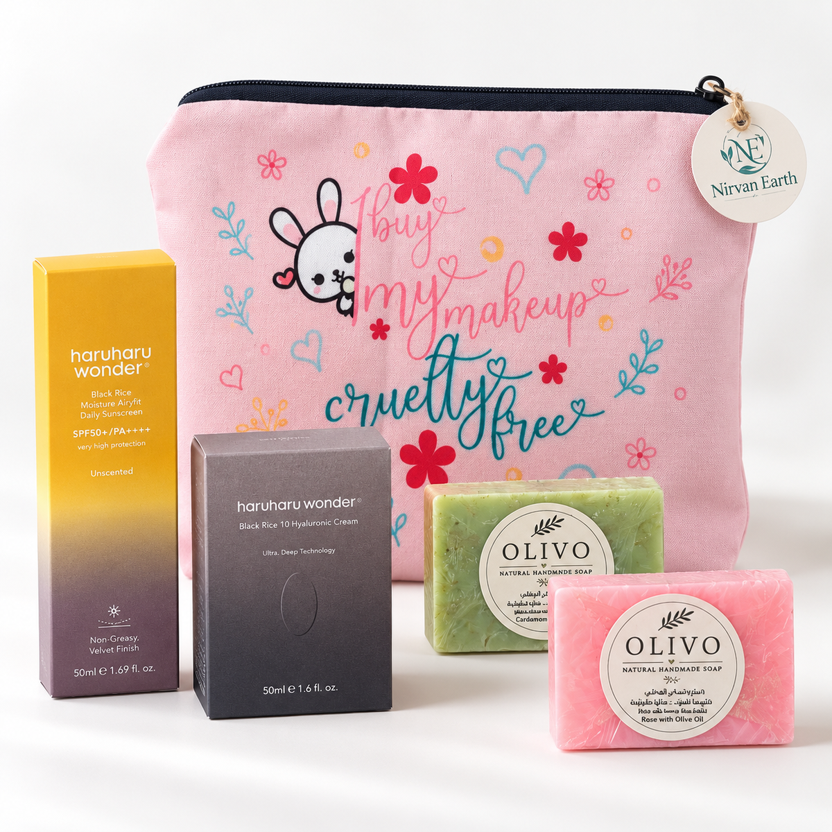 Cruelty-Free Glow Gift Pouch with Haruharu skincare and two Olivo handmade soaps