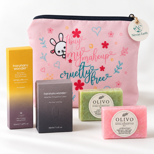 Cruelty-Free Glow Gift Pouch with Haruharu skincare and two Olivo handmade soaps