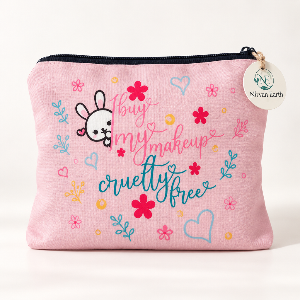 Pink reusable cruelty-free gift pouch with Nirvan Earth tag