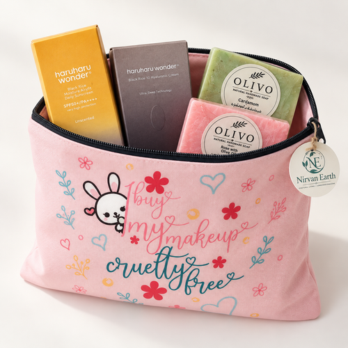 Open cruelty-free makeup pouch showing Haruharu skincare and Olivo soaps