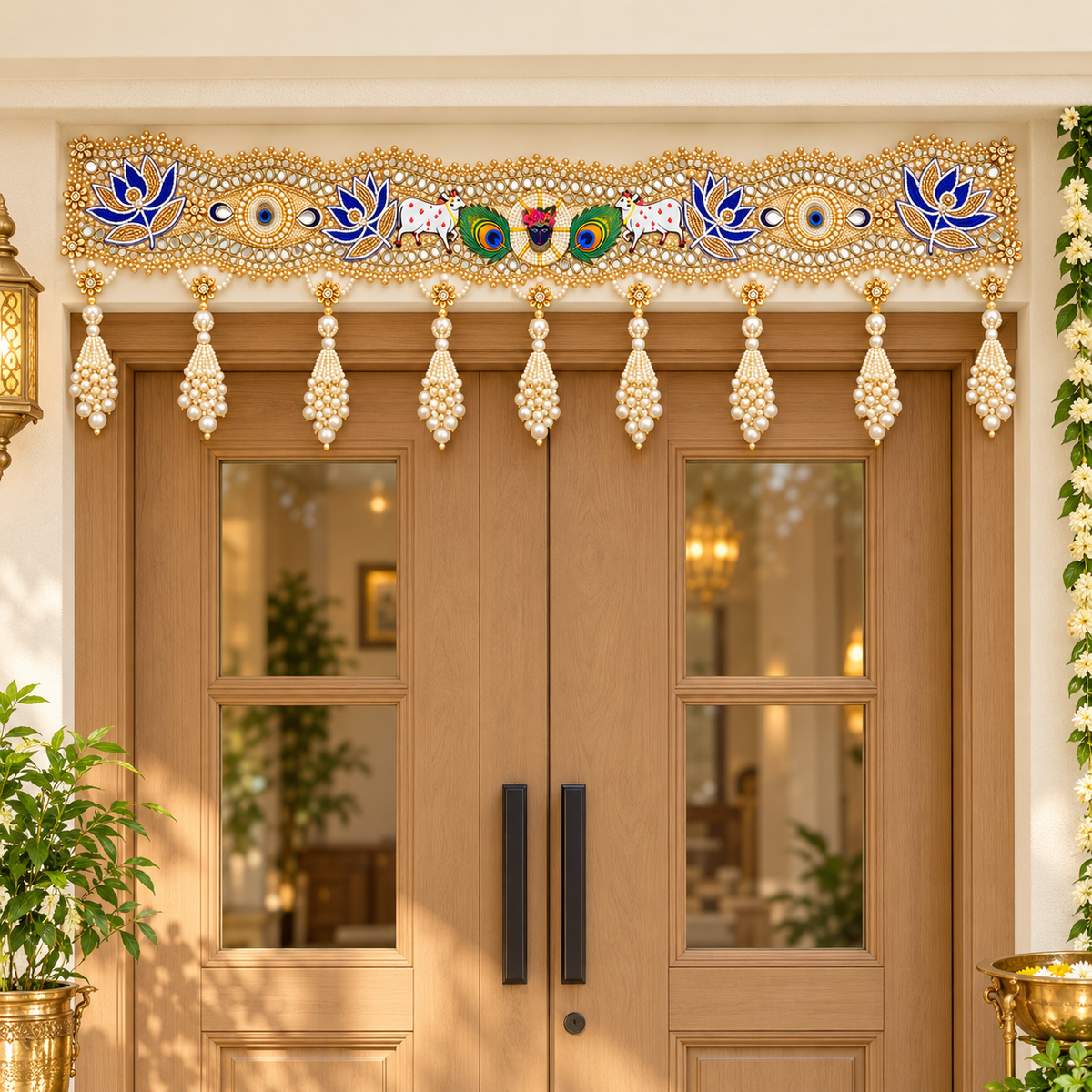 Premium peacock and lotus pearl toran displayed on an entrance door
