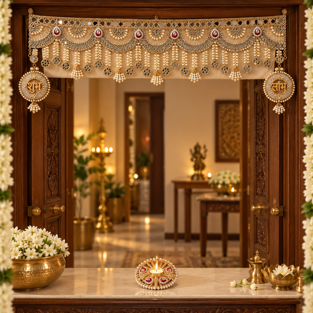 Gold pearl toran displayed on doorway with Shubh and Labh hangings at the ends and separate tealight holder below