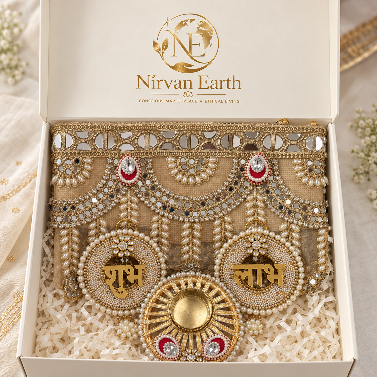 Nirvan Earth premium festive toran set packed in gift box with Shubh Labh hangings and tealight holder