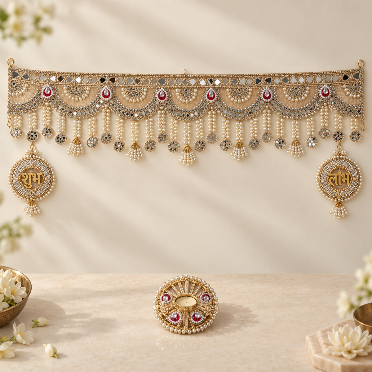 Premium gold pearl toran set with Shubh Labh hangings and separate tealight holder