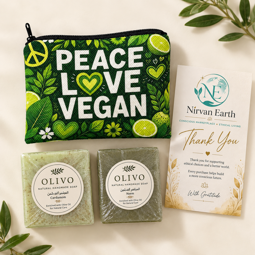 Peace Love Vegan reusable pouch with Olivo Cardamom and Neem handmade soaps and Nirvan Earth thank-you card