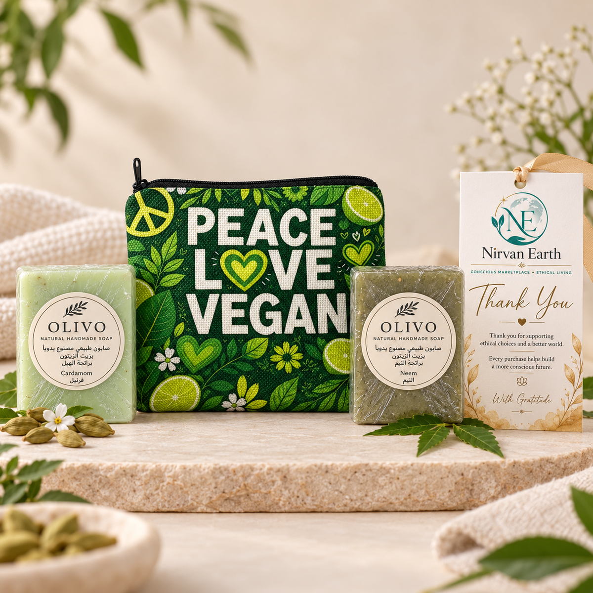 Peace Love Vegan pouch gift set with Olivo Cardamom and Neem soaps and Nirvan Earth thank-you card