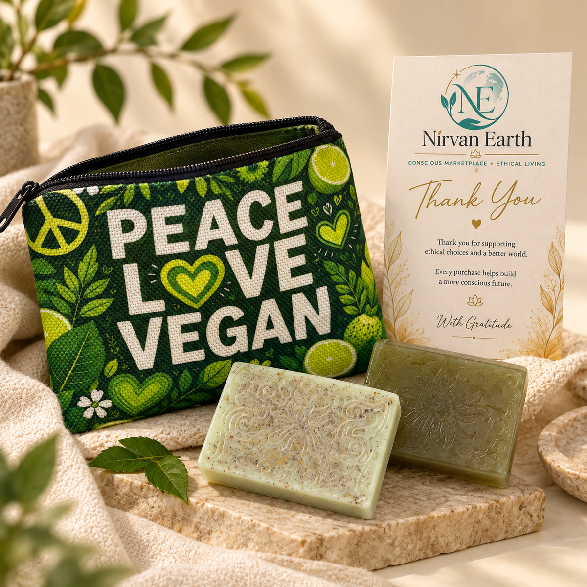 Nirvan Earth Peace Love Vegan pouch gift set styled with Olivo handmade soaps and thank-you card