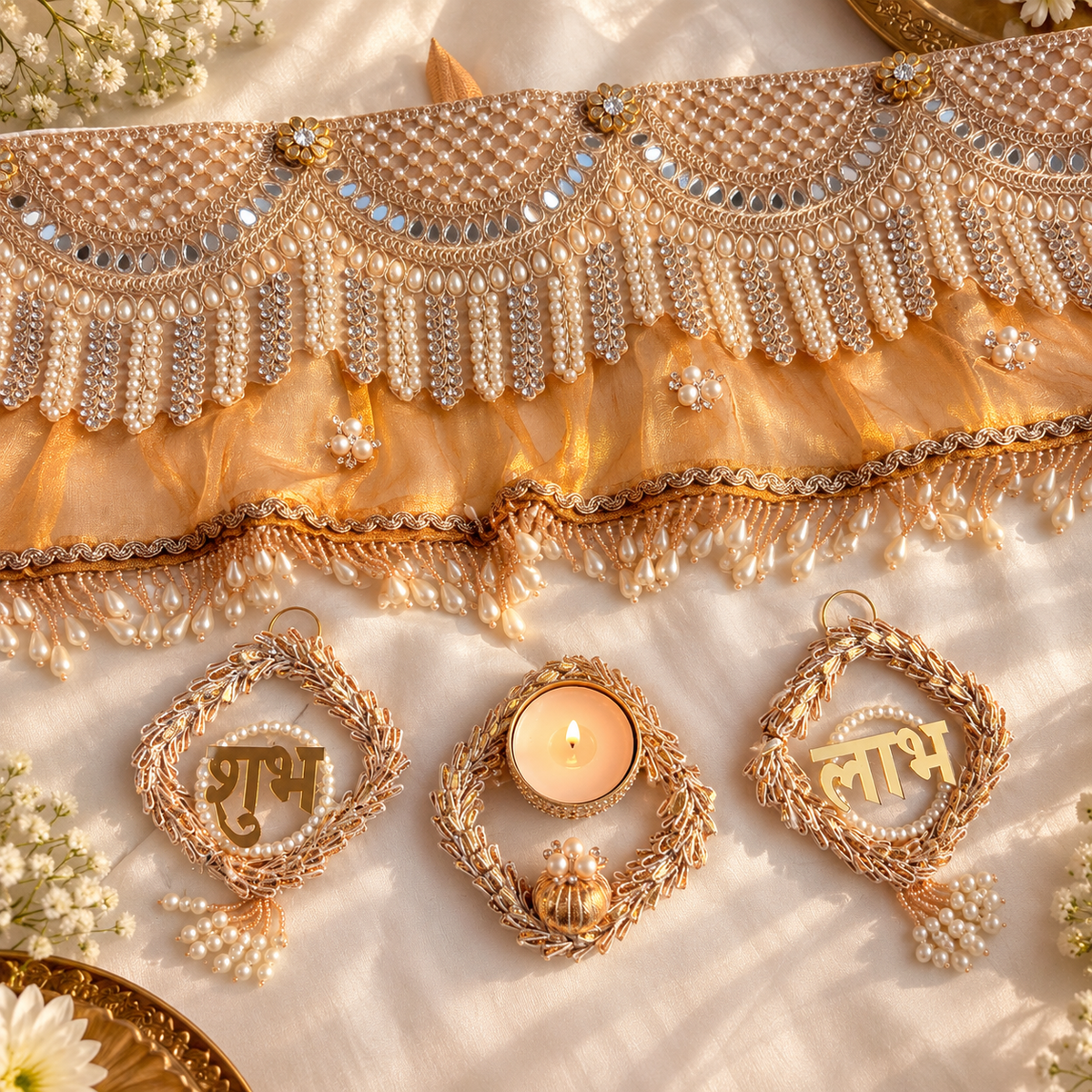 Premium champagne gold toran set with Shubh Labh pair and tealight holder flat lay