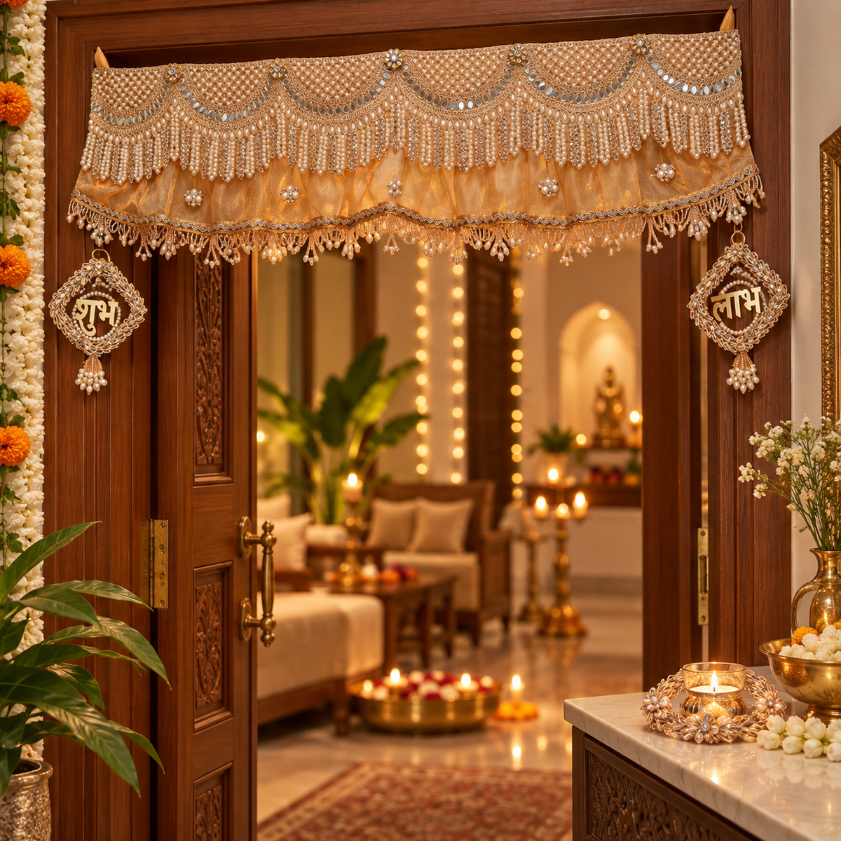 Premium champagne gold toran set displayed at an elegant festive entrance