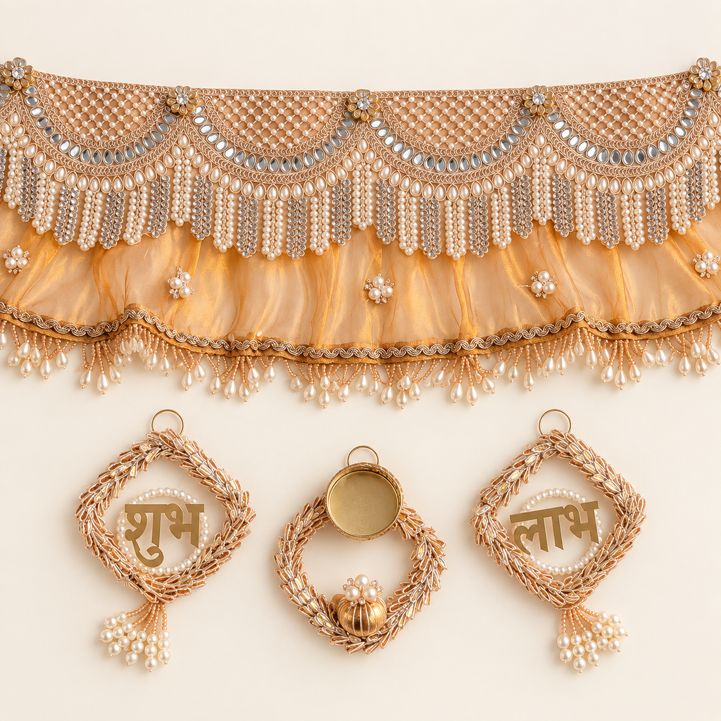 Premium champagne gold pearl toran festive decor set with Shubh Labh and tealight holder