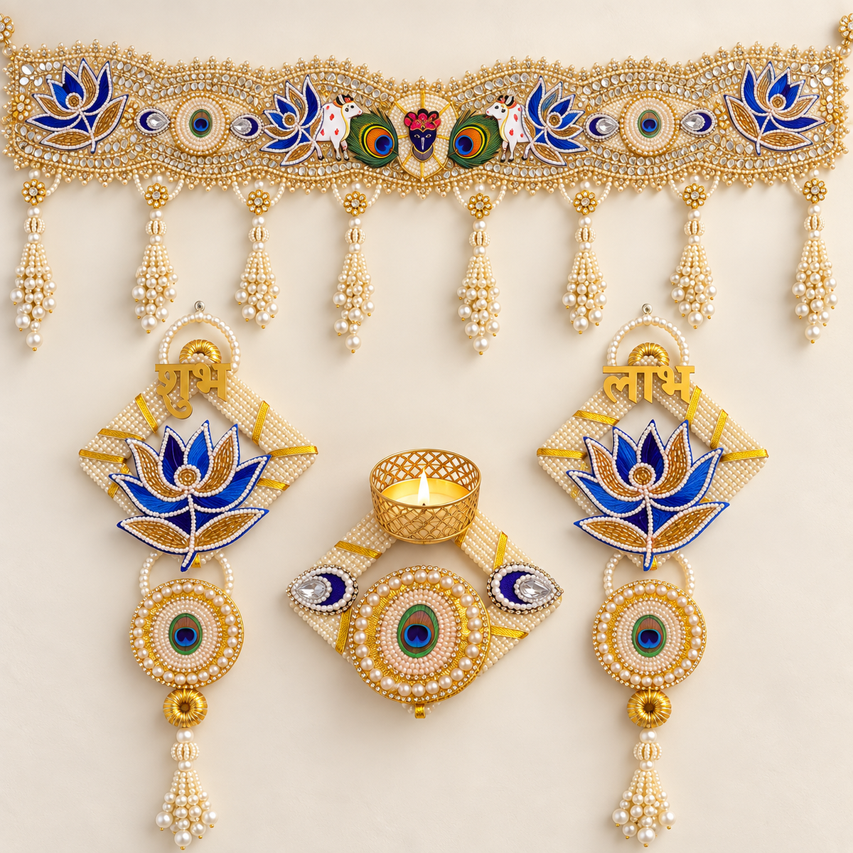 Premium Peacock Lotus Toran Set with Shubh Labh Hangings and Tealight Holder