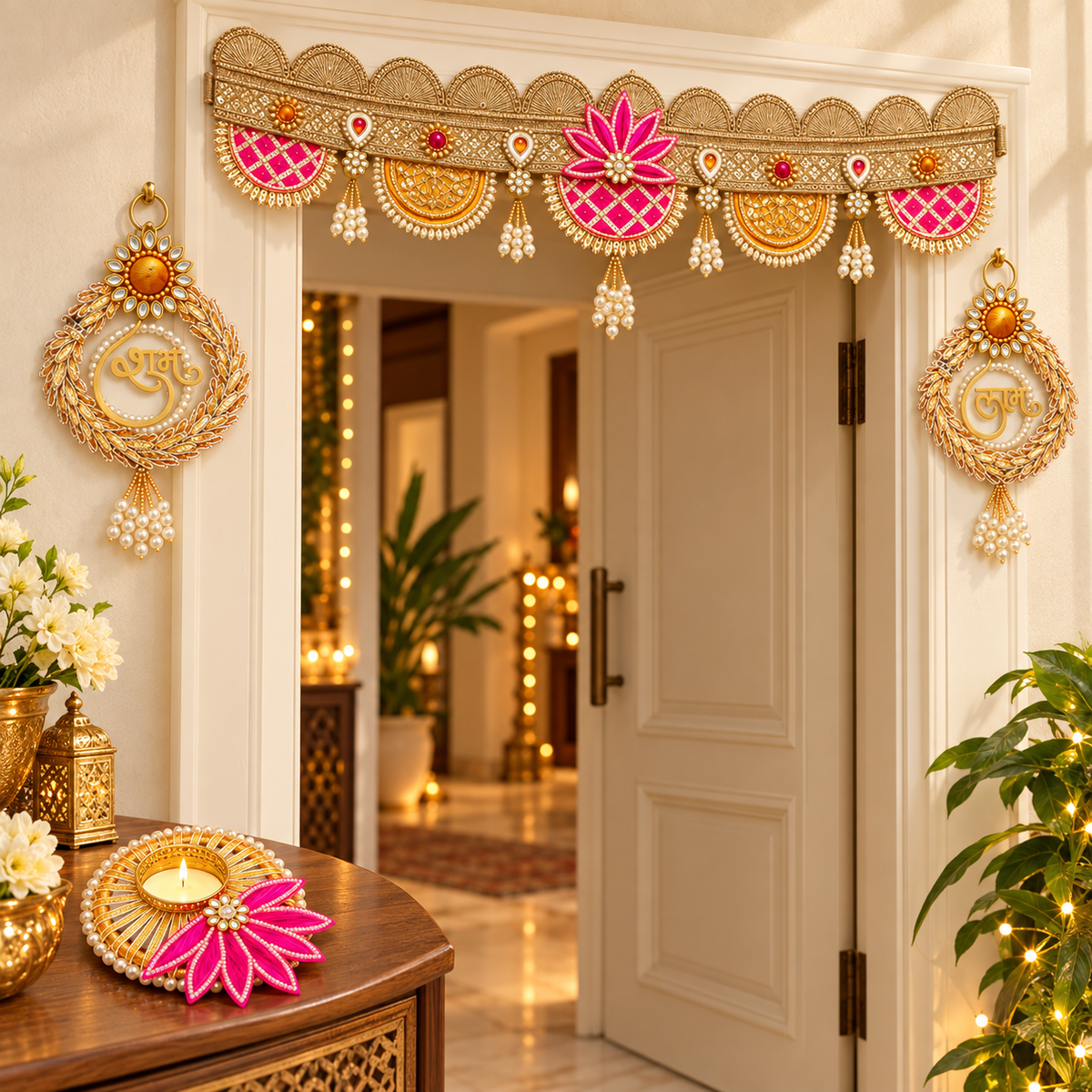 Premium pink and gold toran set displayed at a festive entrance