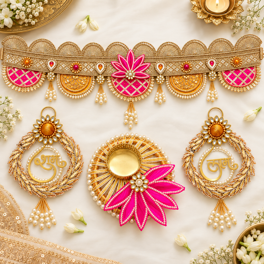 Premium pink and gold festive decor set flat lay