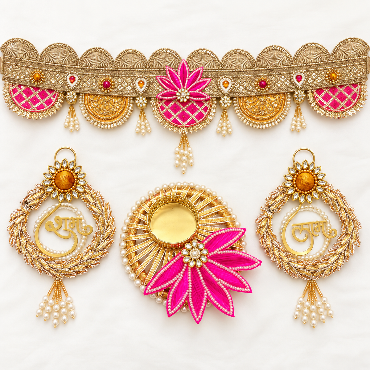Premium Pink Lotus Festive Toran Set with Shubh Labh and Tealight Holder