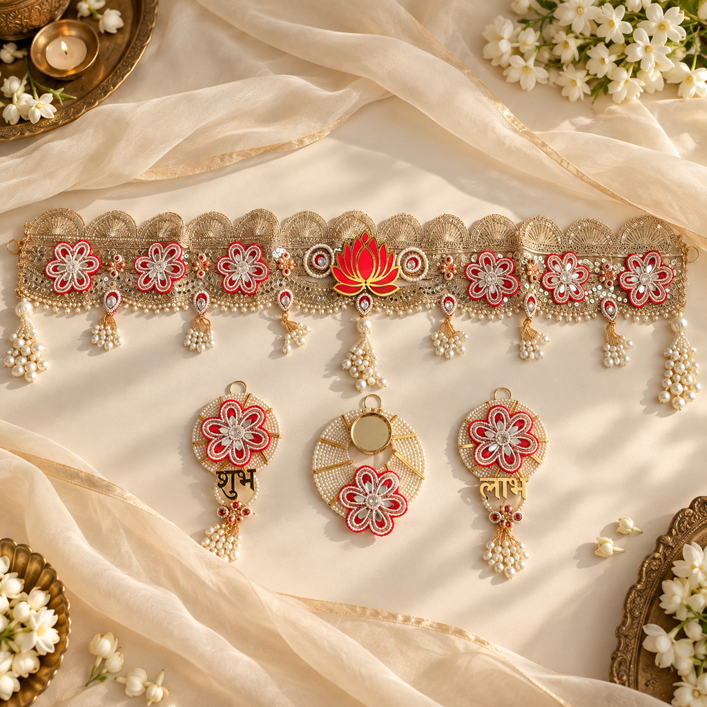 Premium red and gold lotus toran set flat lay