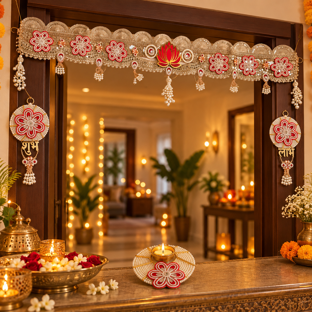 Premium red lotus toran set displayed at a festive entrance