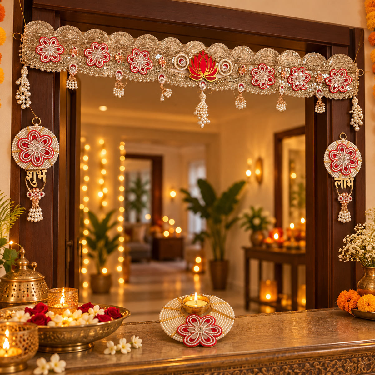 Premium red lotus toran set displayed at a festive entrance