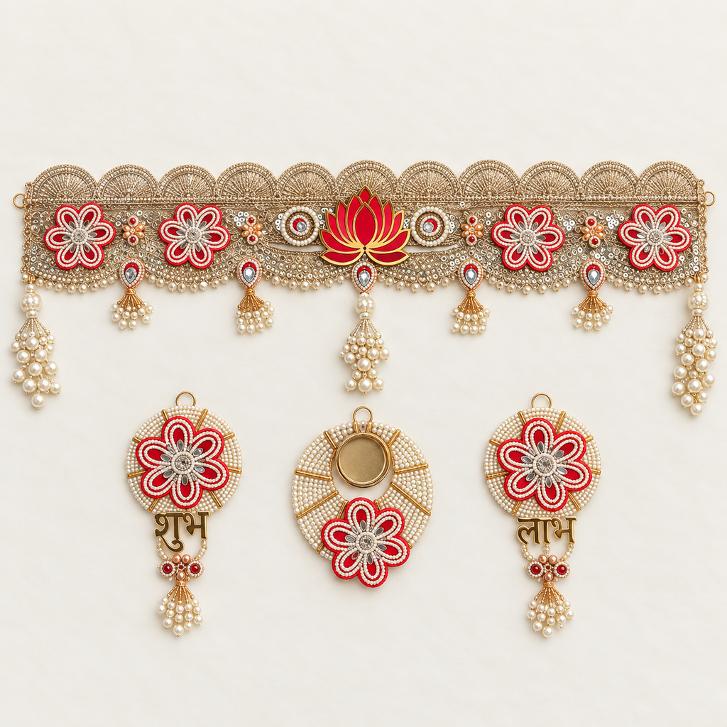Premium red lotus toran festive decor set with Shubh Labh and tealight holder