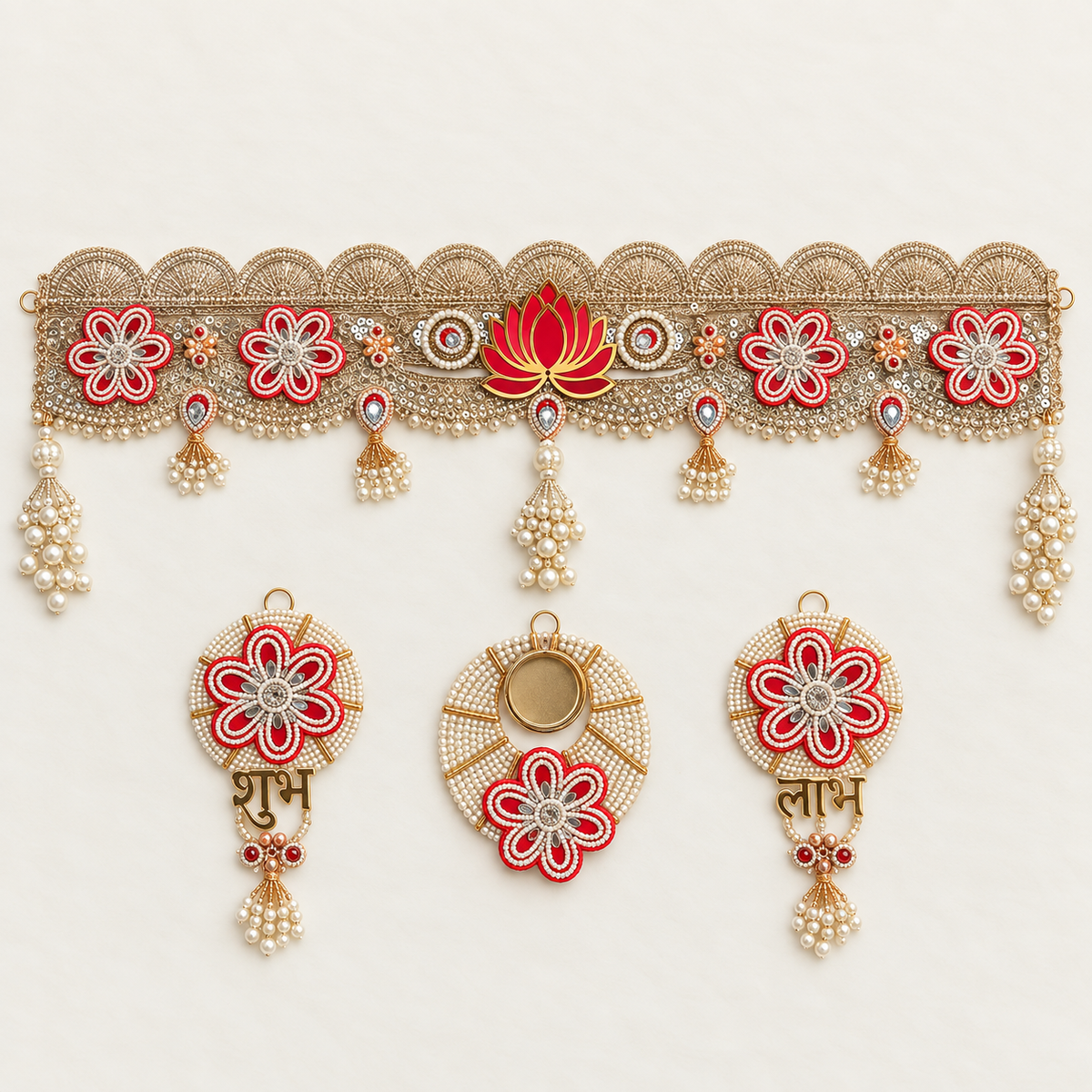 Premium red lotus toran festive decor set with Shubh Labh and tealight holder